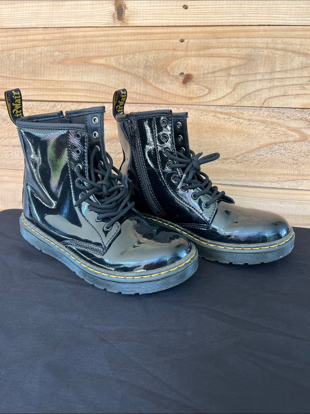 Dr. Martens Kids Black Patent Lace-Up Zip Combat Boots with Yellow Stitching
